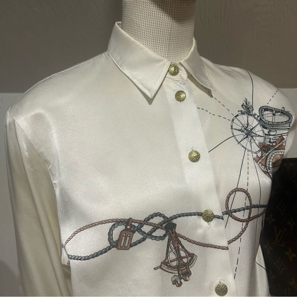 Horst Basler Vintage Shoulder Pads White Satin Blouse Chain Globe print - Picture 7 of 13